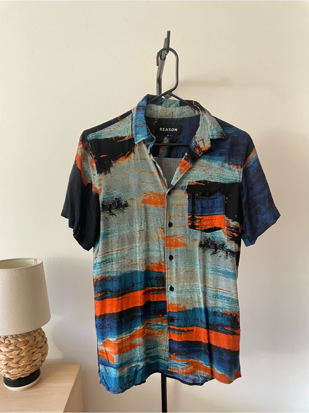 Reason Men’s Short-Sleeve Button-Down Shirt in Blue, Orange & Black